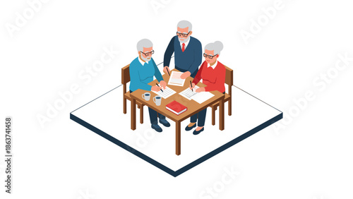 Elderly people collaborating on financial planning at table in isometric style