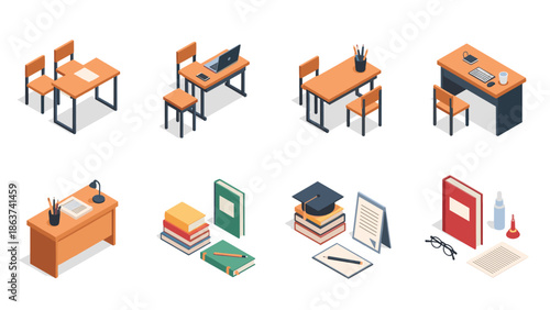Isometric school and office supplies with desks, books, and stationery items