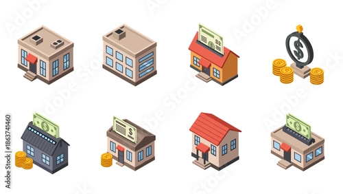 Isometric icon set of buildings and finance symbols in 3d style