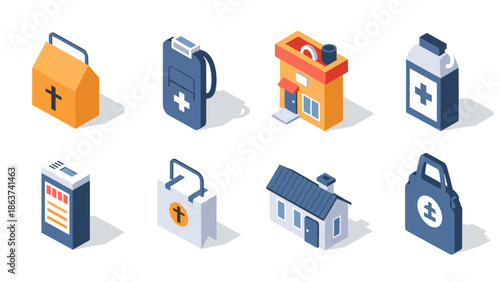 Isometric medical and home icon set with hospital bags and buildings