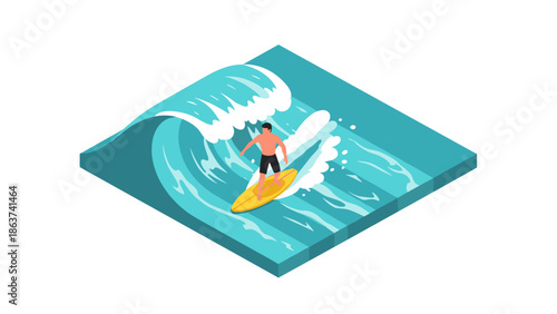 Isometric surfing adventure: surfer riding wave in ocean clipart
