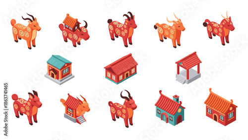 Isometric chinese zodiac ox and goat with traditional houses on white background
