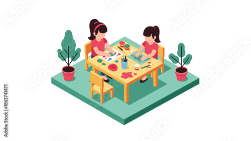 Isometric art class with kids painting and crafting in a creative environment