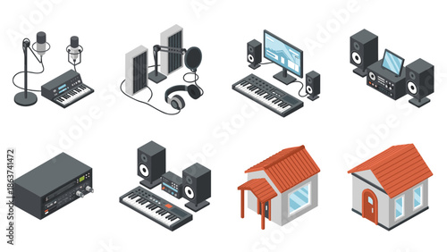 Isometric music studio and home set with instruments and equipment