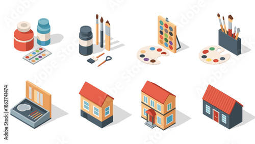 Isometric art supplies and building icons: creative tools and architecture set