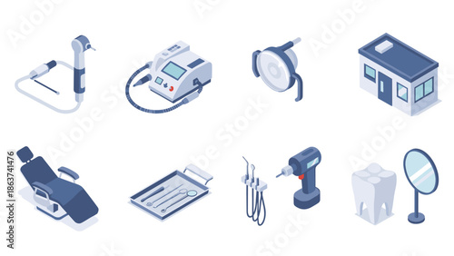 Isometric dental instruments collection with clinic elements in modern design