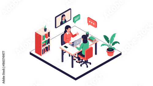 Virtual meeting isometric design with office setup and video call interaction
