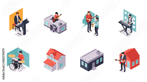 Musicians and houses in modern isometric style