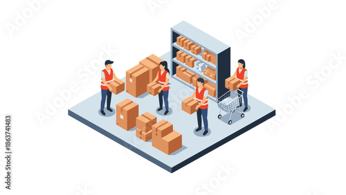Warehouse workers organizing boxes in isometric style