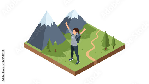 Trailblazer celebrates on mountain top in isometric hiking scene