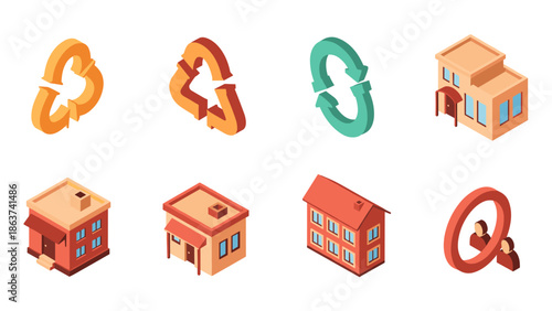 Isometric eco-friendly buildings and recycling symbols collection