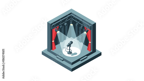 Isometric stage with microphone and red curtains in spotlight