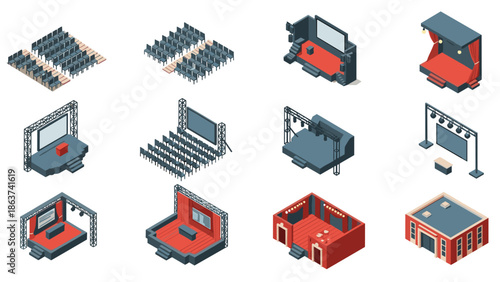 Isometric theater elements: stages, seats, lighting and more