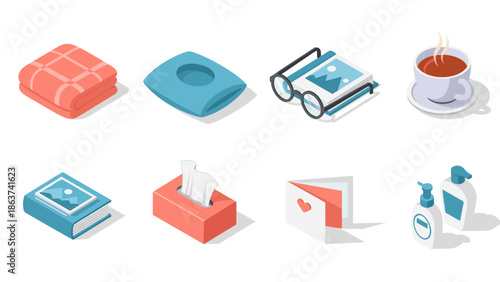 Cozy home essentials: isometric icons of comfort and relaxation