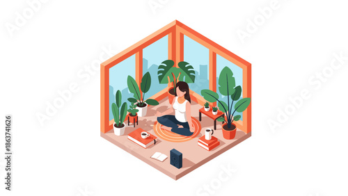 Isometric meditation: woman practicing mindfulness at home surrounded by plants