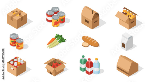 Isometric grocery and packaging icons set featuring food and beverages
