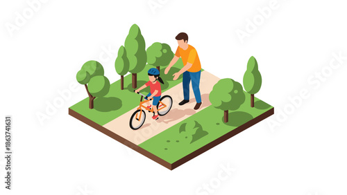 Father teaching child to ride bicycle in park isometric illustration
