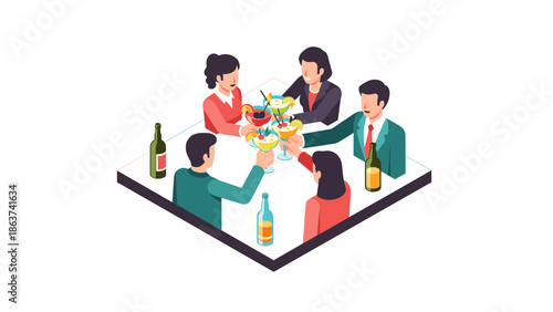 Office celebration with colleagues enjoying drinks in isometric style