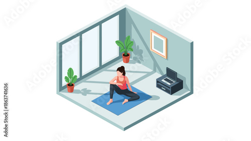 Isometric home yoga exercise scene with woman in relaxing indoor environment