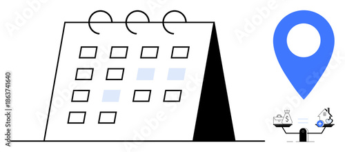 Scheduling concept. Calendar paired with a location pin and financial balance symbols. Scheduling tasks, managing time and finances, and productivity planning. Ideal for business, efficiency