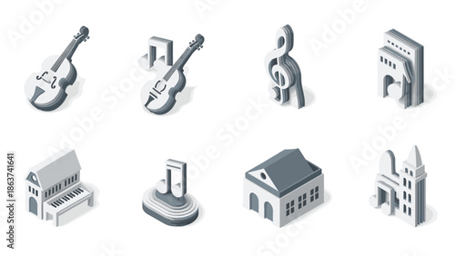 Isometric music and architecture icons set with violin and musical notes