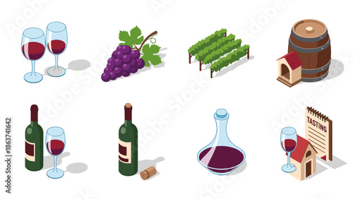 Wine icons: glasses, grapes, bottles, and vineyard elements in isometric style