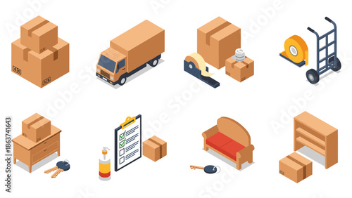 Isometric moving essentials: cardboard boxes, furniture, and tools for relocation