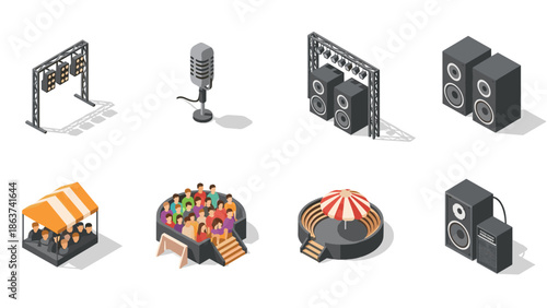 Isometric event equipment set with microphone, speakers, and stage elements for concerts and festivals