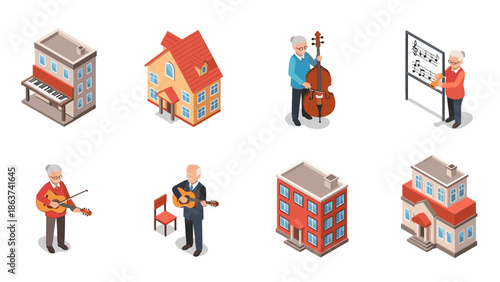 Isometric elderly musicians and buildings set with piano and guitar