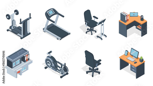 Isometric office and gym equipment set: desk, chair, cardio machines, and accessories