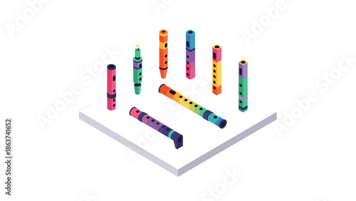 Colorful 3d isometric recorders on display platform showcasing musical instrument diversity