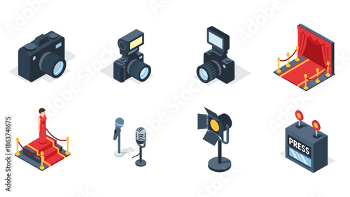Isometric icons of photography equipment and media industry elements