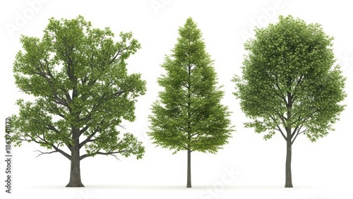 3D Rendered Trees Isolated on White Oak, Pine, and Broadleaf for Nature and Environmental Designs