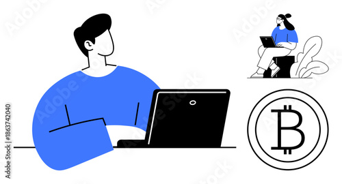 Cryptocurrency concept. Bitcoin logo with people using laptops s cryptocurrencys role in work and payment. Cryptocurrency links digital finance and modern work environments. For finance, technology