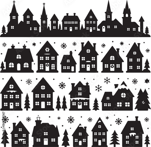 black silhouette houses and trees with snowflakes on white background