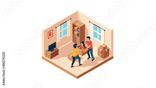 Family arranging furniture in modern isometric living room interior scene