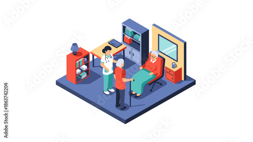 Isometric nursing home care scene with elderly assistance and medical staff