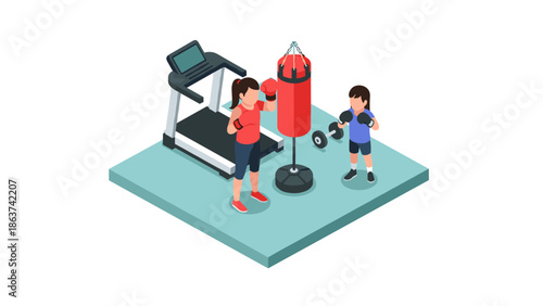 Family fitness routine with treadmill, punching bag, and weights in home gym isometric design