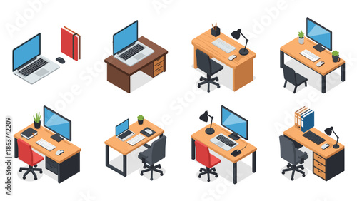 Isometric office setups with laptops and desks for modern workspaces