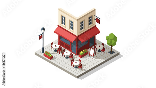 Charming isometric outdoor cafe with red awnings and seating area in urban setting