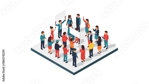 Isometric team collaboration in modern business meeting concept