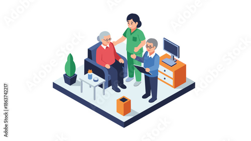 Isometric nursing care scene with elderly couple and caregiver in modern interior
