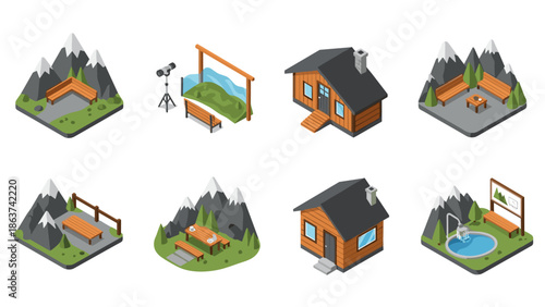 Isometric outdoor recreation set with cabins, mountains, and scenic views
