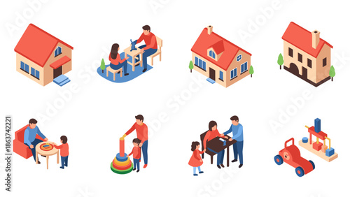 Isometric family home and activities with parents and children in cozy settings