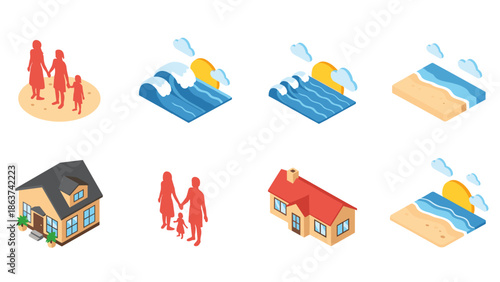 Isometric set of family, beach, and house icons for design projects