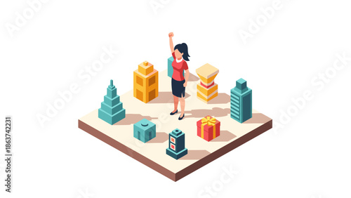 Isometric woman with raised hand among geometric buildings and gift box on platform