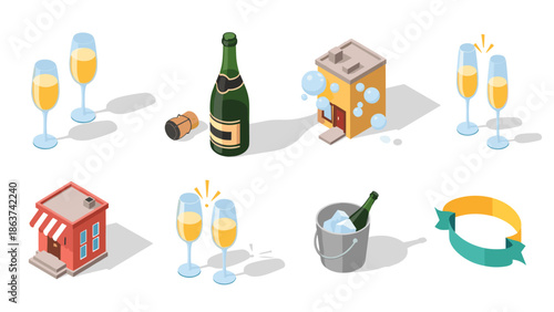 Isometric celebration scene with champagne, toasting glasses, and festive elements