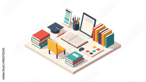 Isometric study desk with books and stationery for creative learning spaces