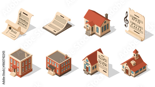 Isometric icons: music and houses with scrolls and notes for creative use