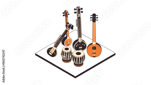Traditional indian musical instruments in isometric style design